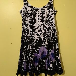Sleeveless White & Black Dress with Purple Flowers